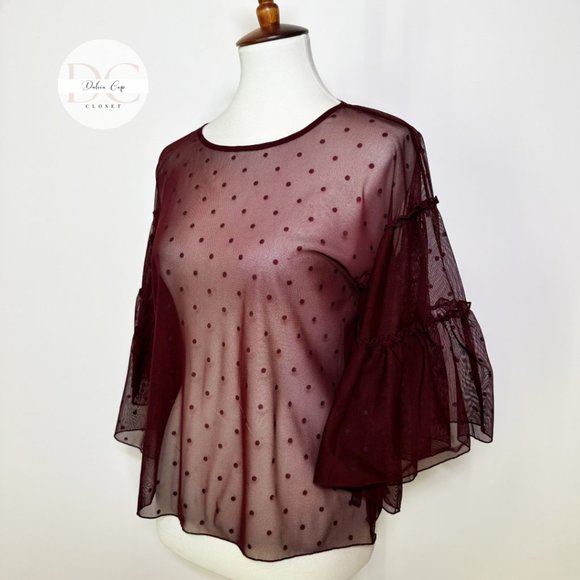 EXPRESS Polka Dot Mesh Top In Burgundy Size S - Picture 5 of 10